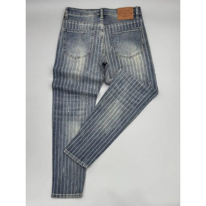 Men's striped cropped jeans, thin slim fit straight leg denim trousers with zipper fly, sizes 28-38
