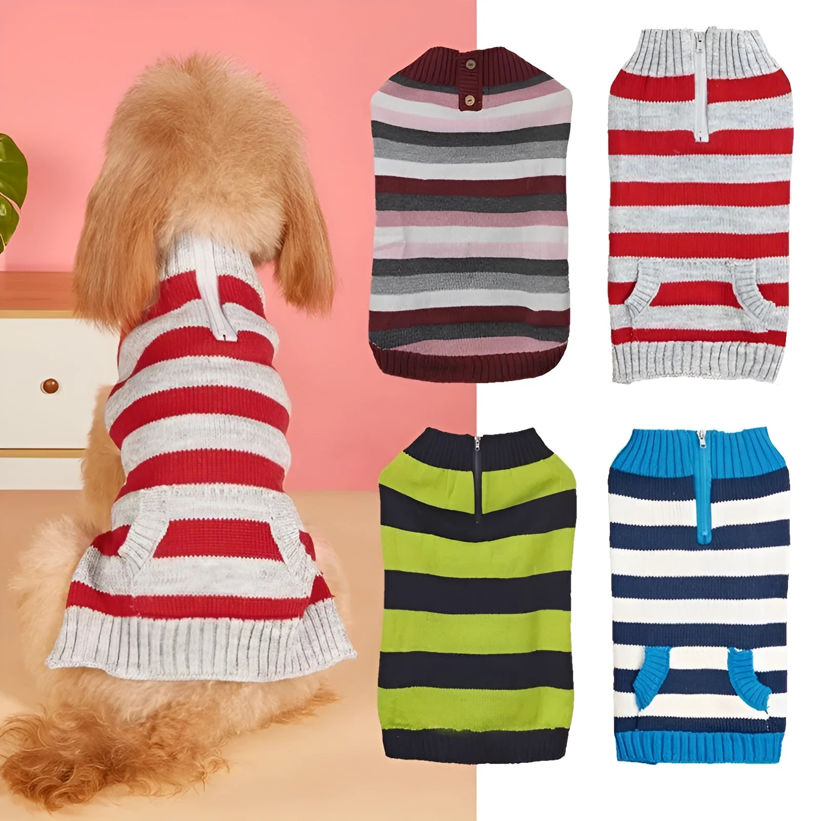 Grey dog sweater with side zipper and chest pocket on a small dog.