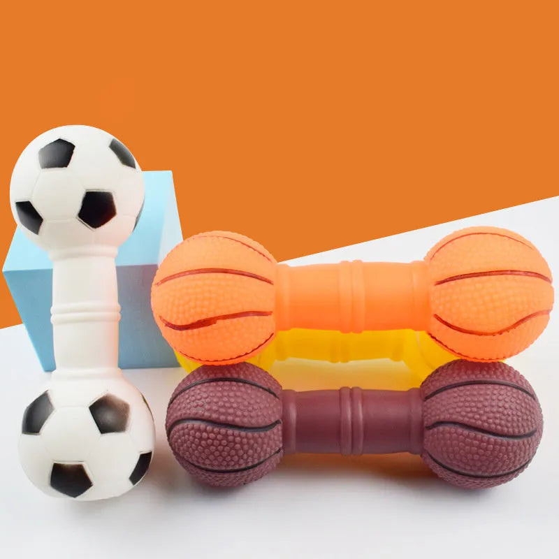 Non-toxic PVC football dumbbell shaped squeaky dog chew toy in brown, orange, white, or yellow.
