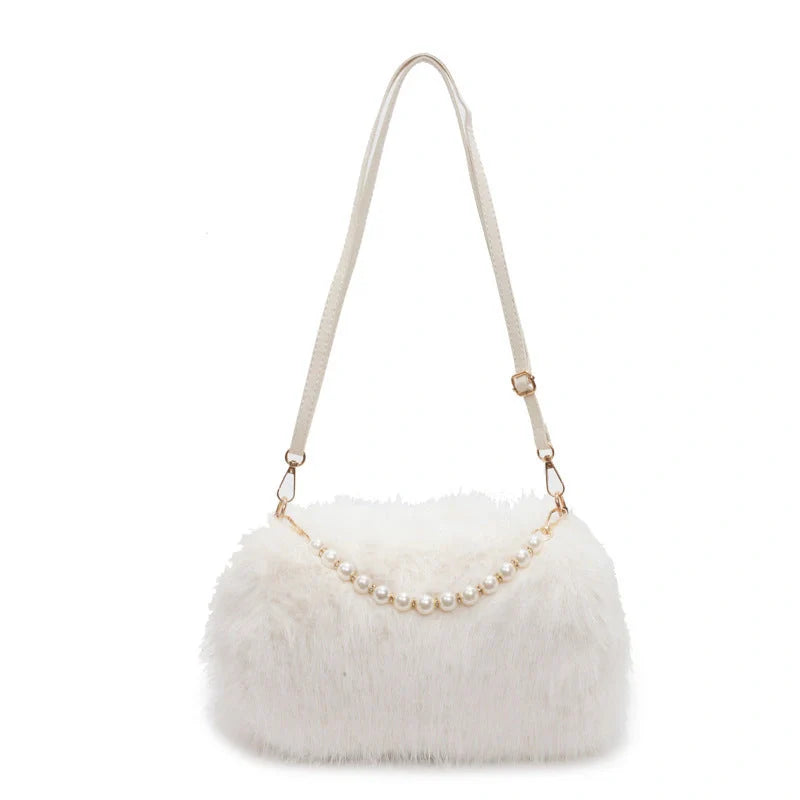 Autumn and winter plush pearl chain crossbody bag for women in various colours