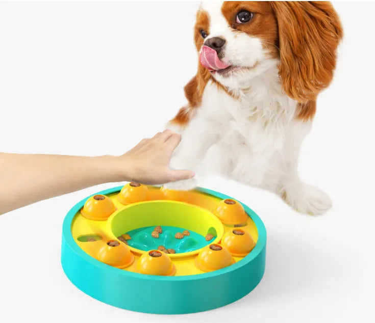 Square lake blue dog puzzle feeder with central column and rotating roulette top on a kitchen floor