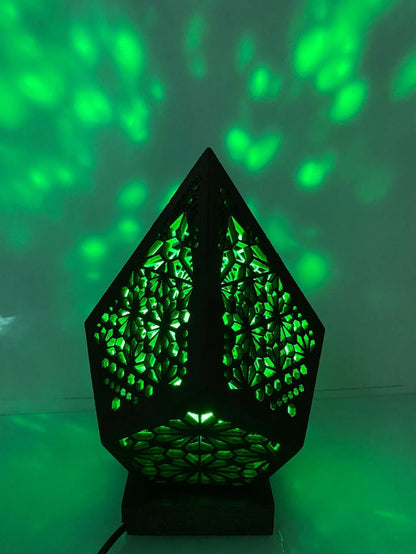 Wooden projection lamp with 3D diamond-shaped lights and colourful prism ring effects, creating a cosy and enchanting atmosphere