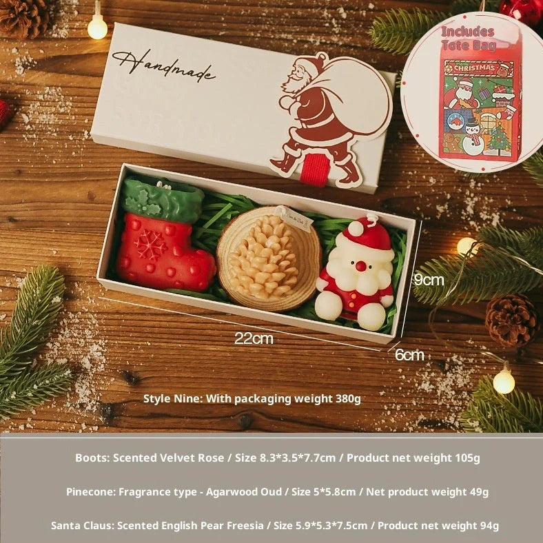 Handmade Christmas scented candle gift set with 9 designs, wooden display pad, and handbag