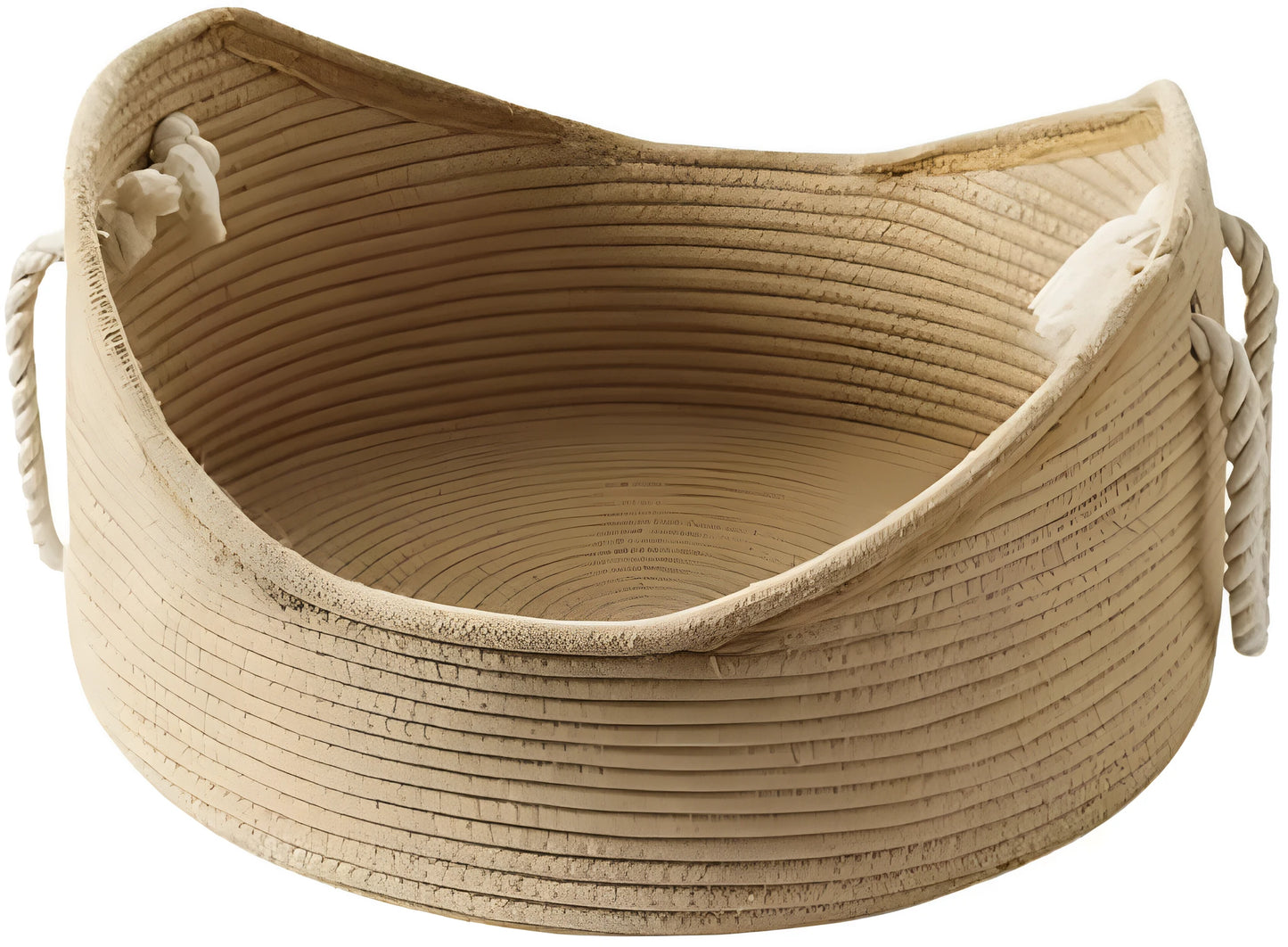 Wicker cat bed basket with integrated corrugated cardboard scratching panel, shown in a home setting.