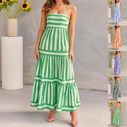 Stylish striped backless beach dress with pockets for women's summer vacation and beach wear