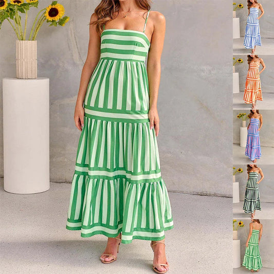 Stylish striped backless beach dress with pockets for women's summer vacation and beach wear