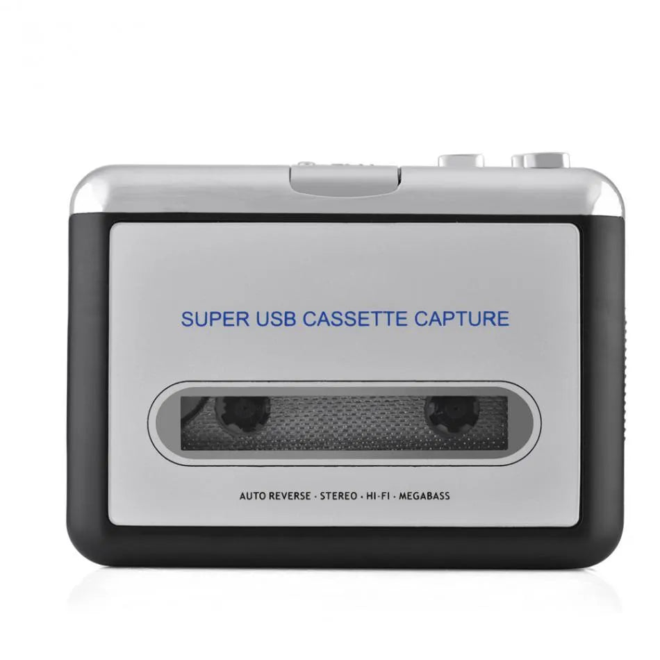 Silver USB cassette tape to MP3 converter unit with USB cable on a white background.