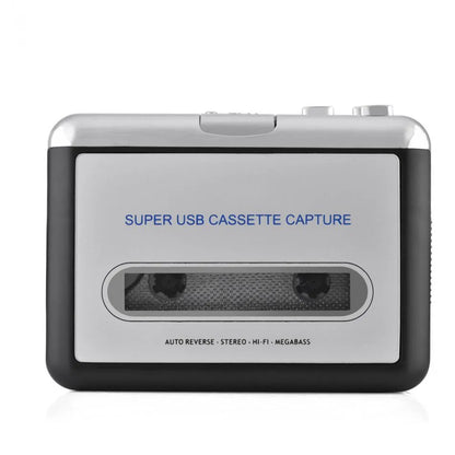 Silver USB cassette tape to MP3 converter unit with USB cable on a white background.