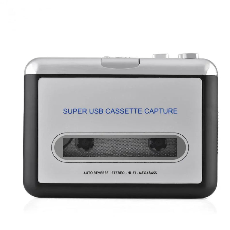 USB Cassette Player USB Tape Drive MP3 Converter silver portable design converts old cassette tapes to digital files WAV or MP3 formats using Audacity software via USB interface powered by AA batteries or USB cable with approximate dimensions 112x80x31mm