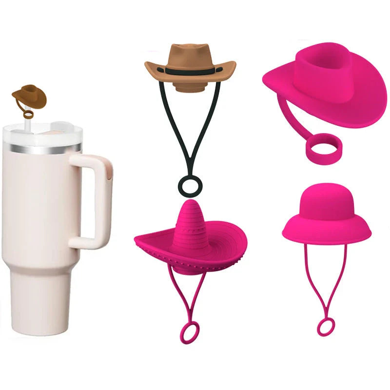 Stylish cowboy hat-shaped straw covers made of food-grade silicone in vibrant macaroon colors for protecting and decorating drinks