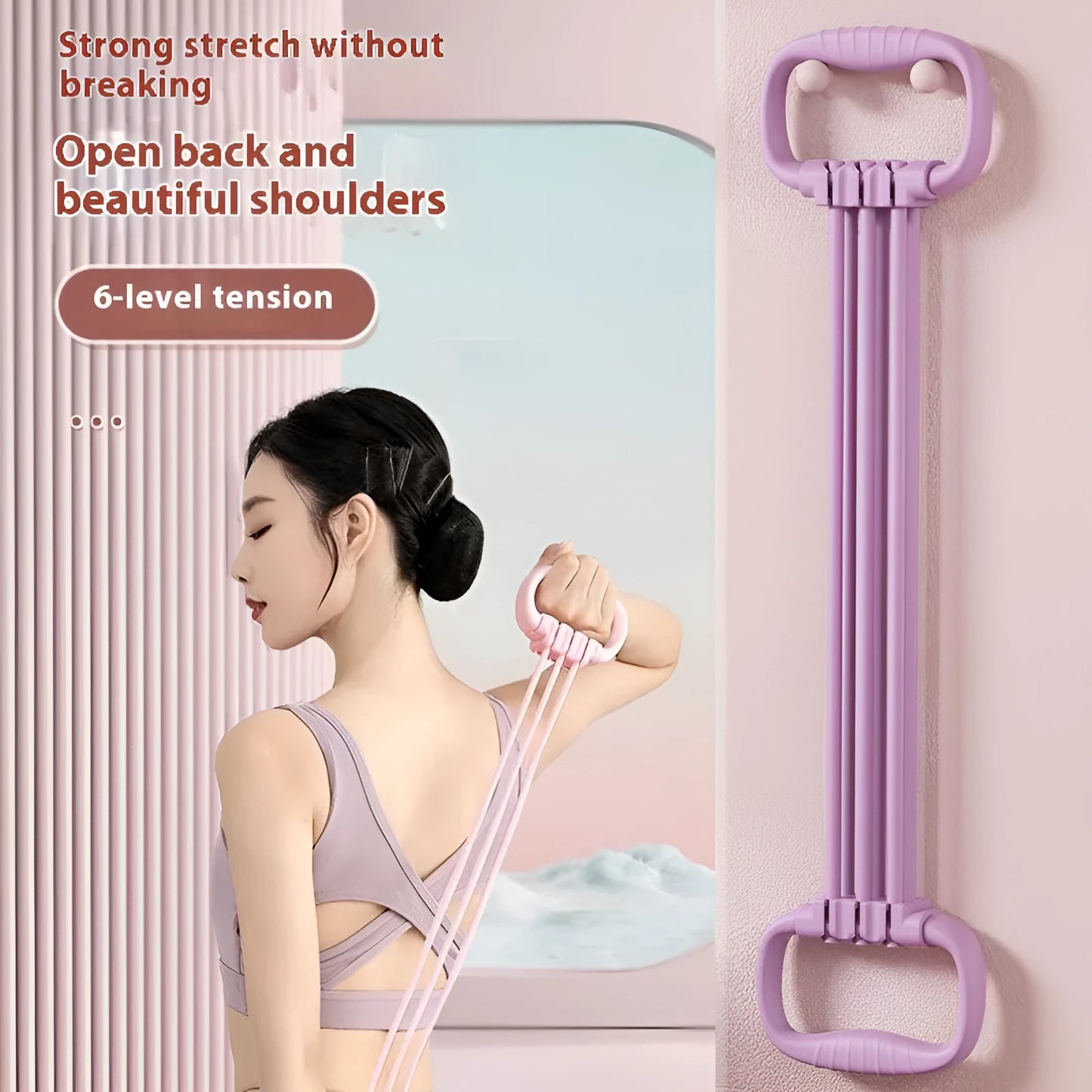 Adjustable chest expander with 6 gear settings in TPE material, available in blue pink or purple