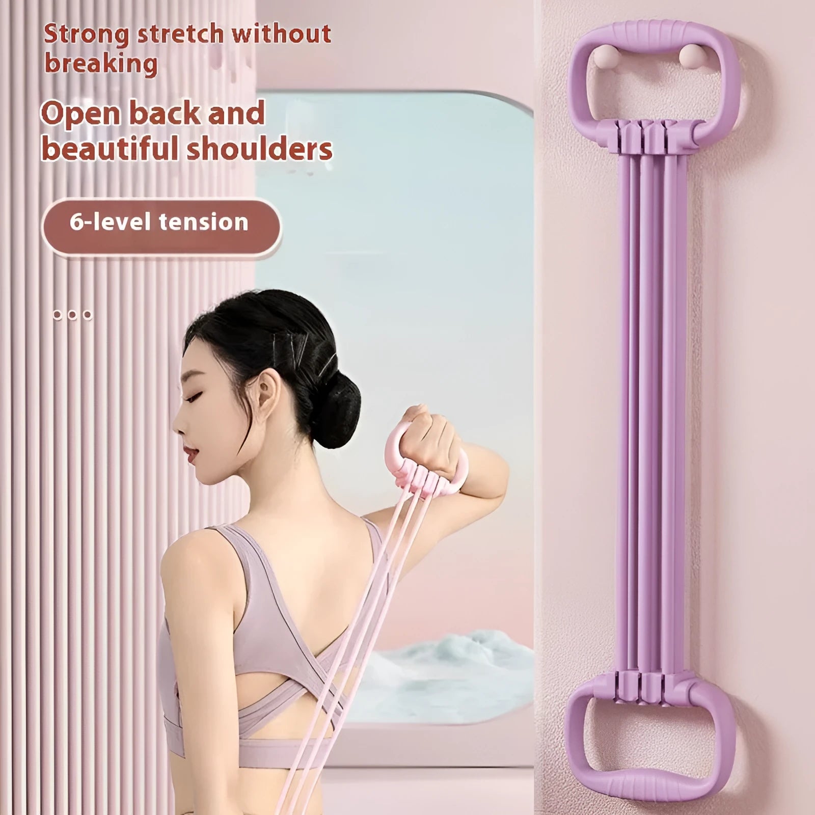 Adjustable chest expander with 6 gear settings in TPE material, available in blue pink or purple