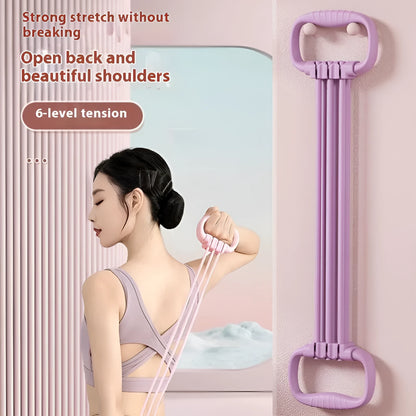 Adjustable chest expander with 6 gear settings in TPE material, available in blue pink or purple