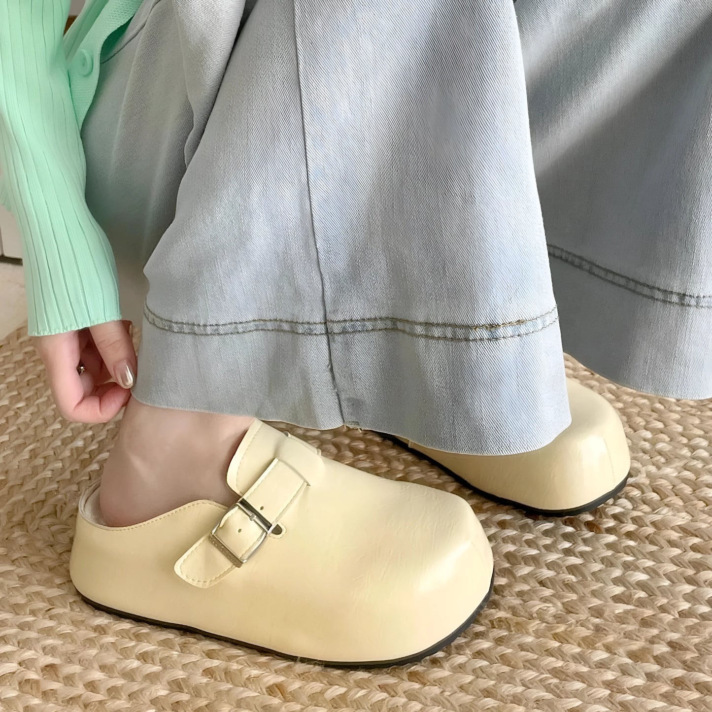 Flat buckle casual sneakers in yellow with round toe and PU upper