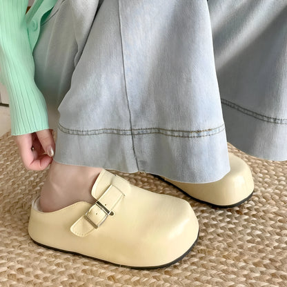 Flat buckle casual sneakers in yellow with round toe and PU upper