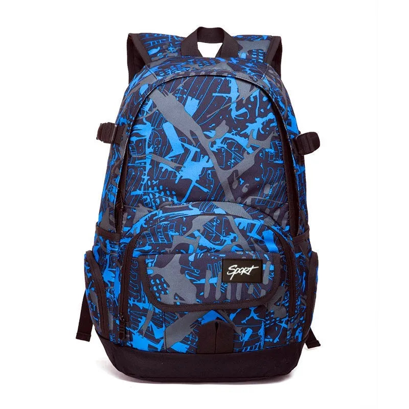 Blue nylon backpack showing front organisational pockets, side water bottle holder, and adjustable shoulder straps