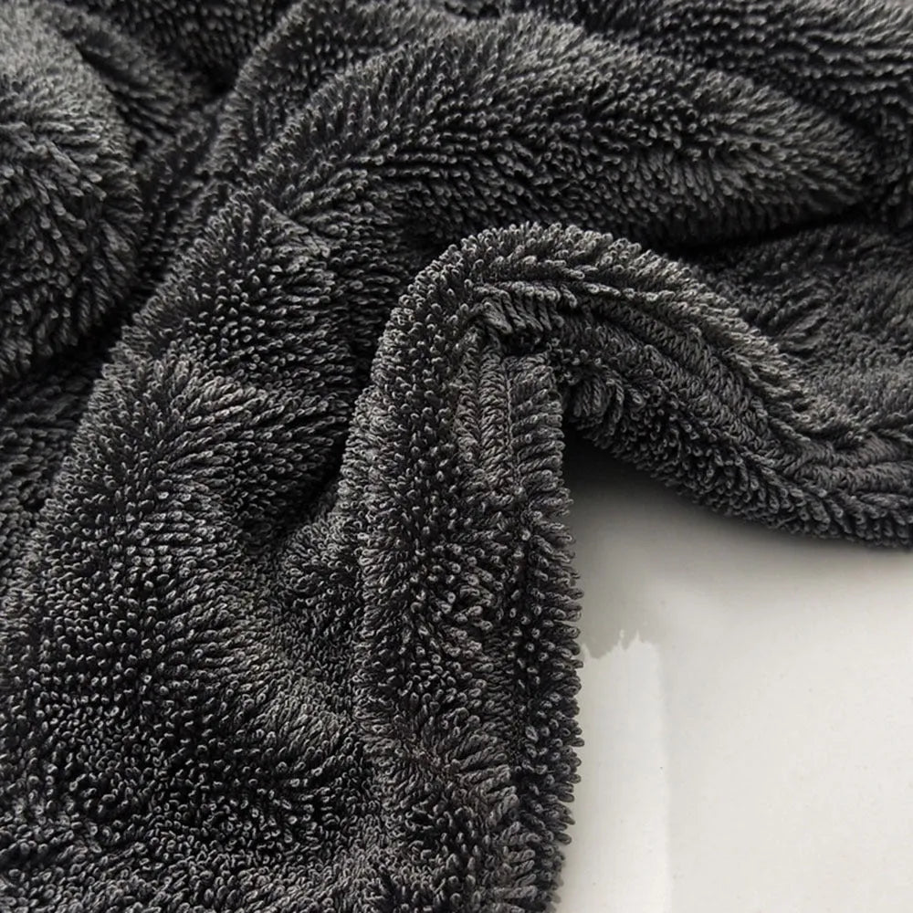 Grey square microfiber car wash towel for drying vehicles, 40cm by 40cm.
