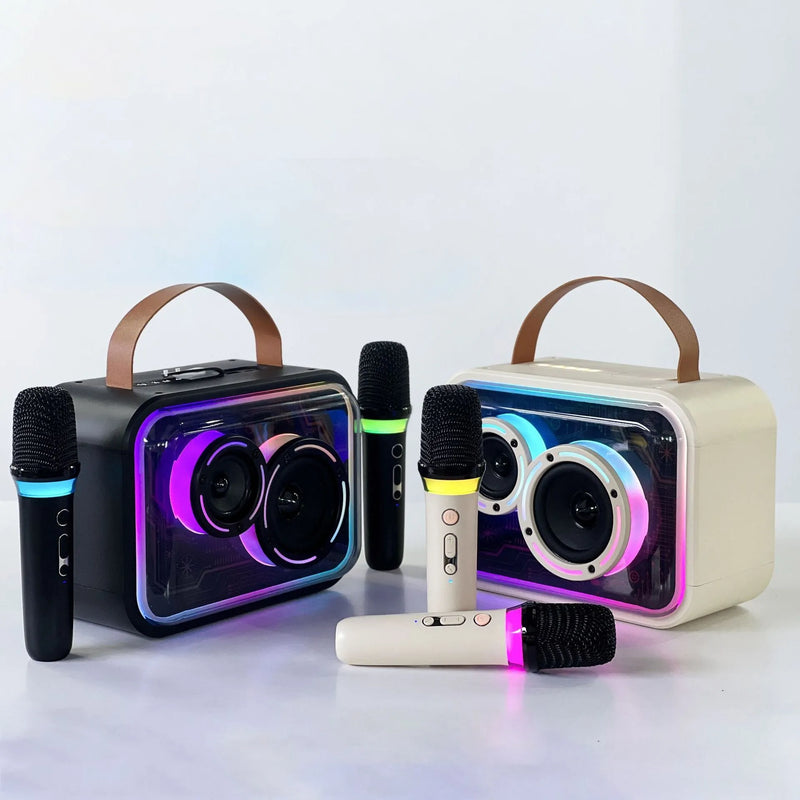 Bluetooth Speaker with Wireless Karaoke Microphone and RGB Colour Light Effects Portable Stereo System for Desktop Home and Travel Use in Black or Light Yellow