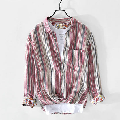 Men's grey striped linen shirt with long sleeves and loose casual fit