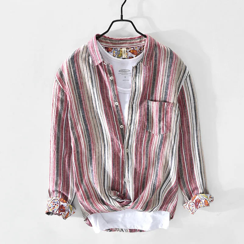 Men's casual linen striped shirt long sleeve loose fit in grey or red available in sizes M L XL XXL XXXL thin fabric spring summer wear