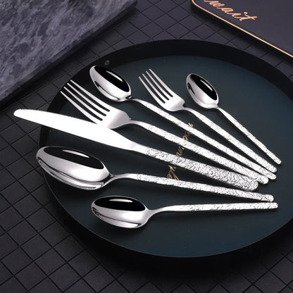 Premium embossed steak cutlery set with textured handles and mirror polish