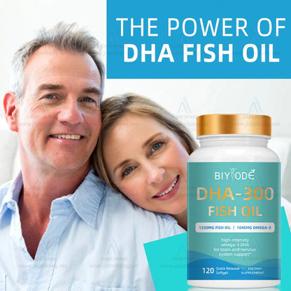 DHA-300 Omega-3 Fish Oil Softgel Capsules bottle containing 120 capsules for joint and immune support