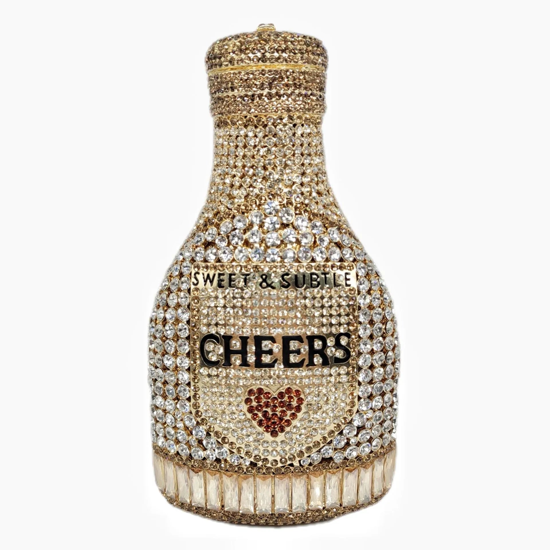 Gold hard-shell clutch bag shaped like a champagne bottle with a synthetic leather interior.