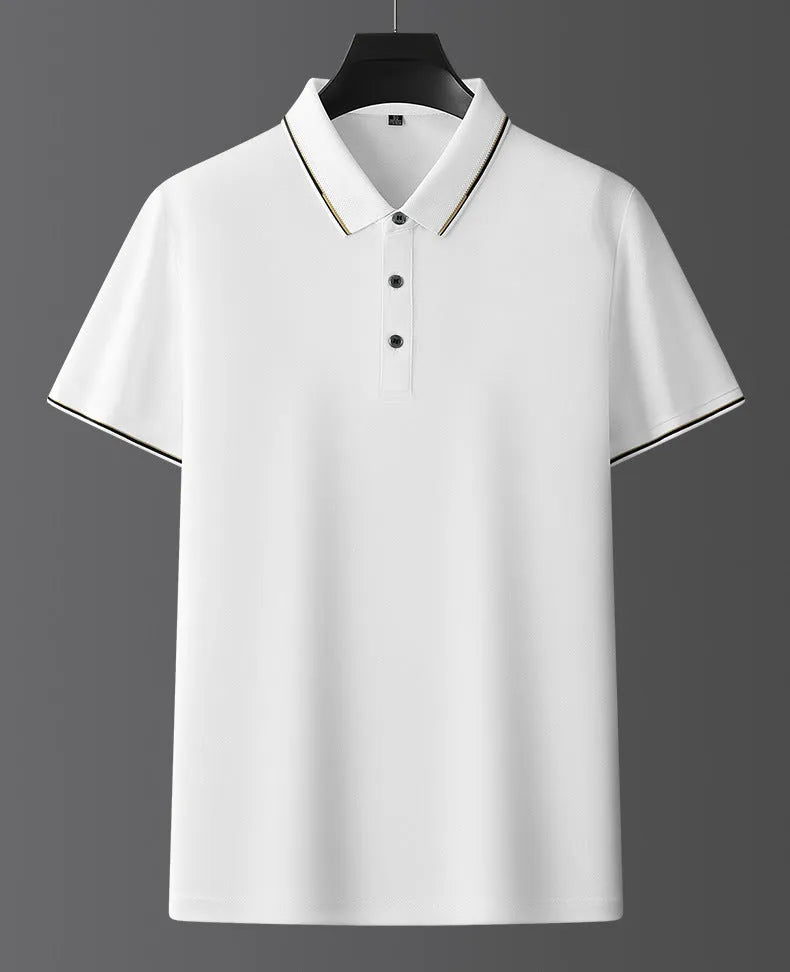 Men's mulberry silk short sleeve shirt in a solid colour on a hanger, showing regular fit and thin fabric for summer