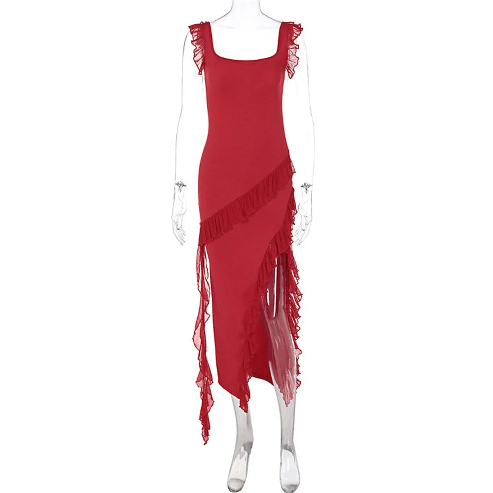 Stylish ruffled split-hem cocktail dress in a variety of colors, featuring a flattering silhouette and delicate spaghetti straps
