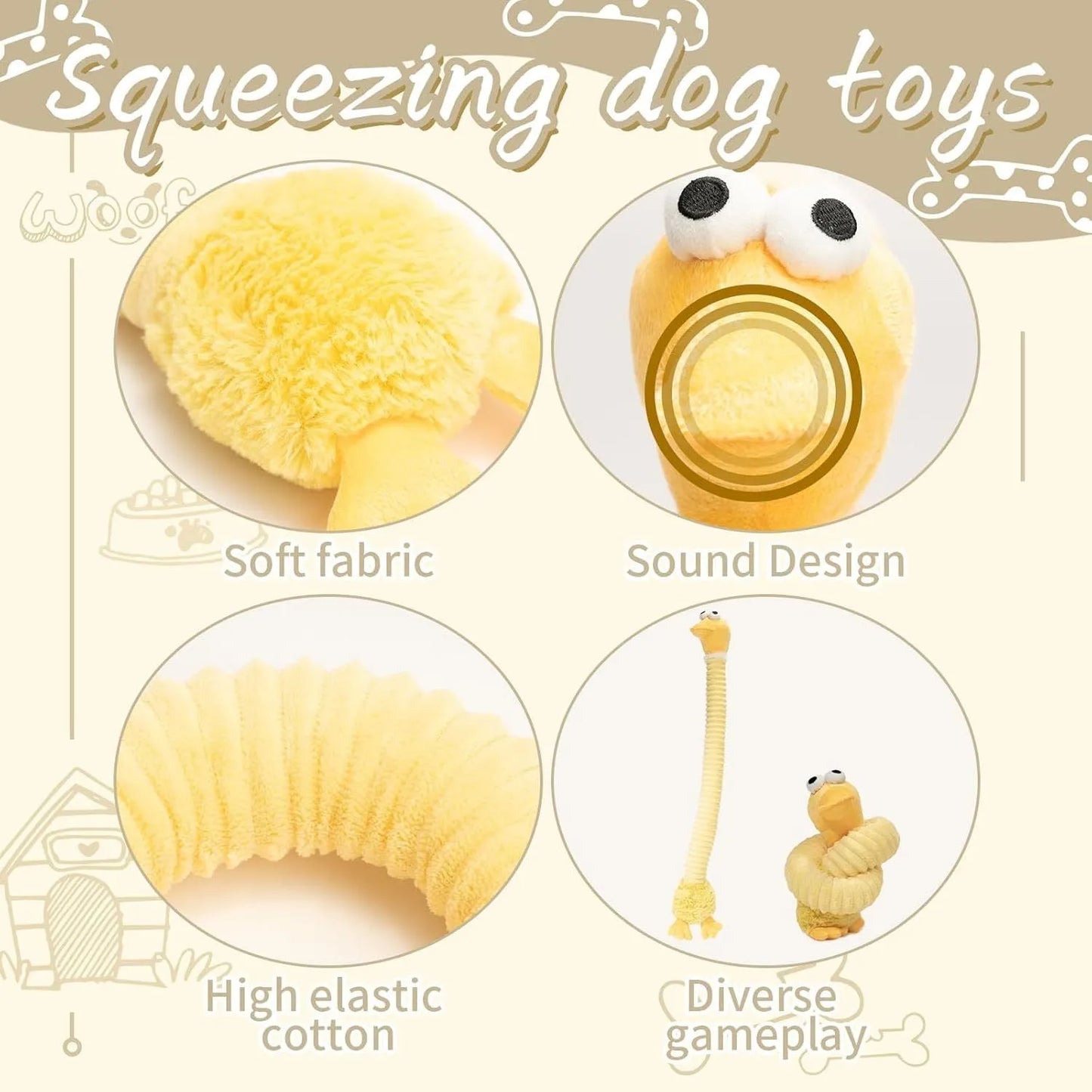Brown, grey, and yellow plush dog toys with squeaky and crinkle features.