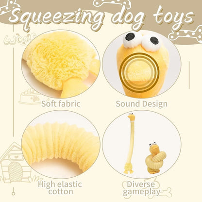 Brown, grey, and yellow plush dog toys with squeaky and crinkle features.