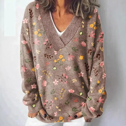Women's V-neck sweatshirt with a detailed 3D floral pattern print in art retro style.