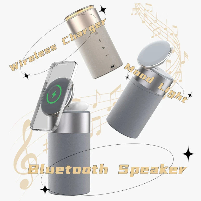 A 3-in-1 device that wirelessly charges iPhones and AirPods, plays Bluetooth audio, and has a touch-sensitive lamp