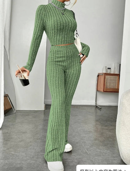 Women's cotton long sleeve turtleneck and wide leg high waist trousers suit in various colours