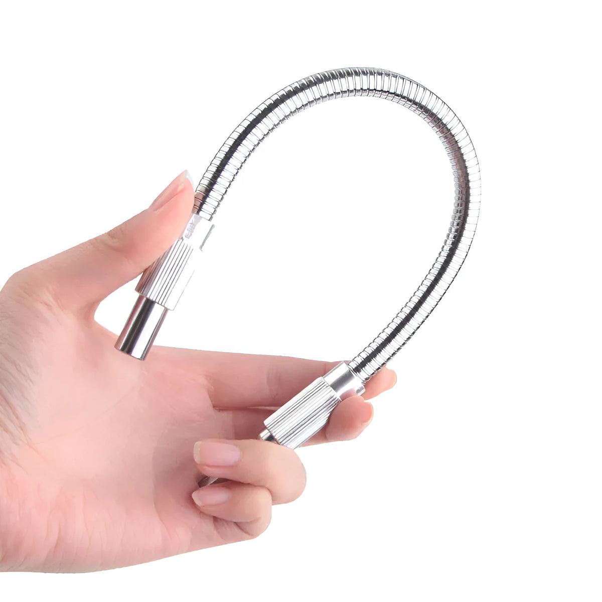 Silver metal flexible shaft extension for cordless drill with 6.35mm shank.