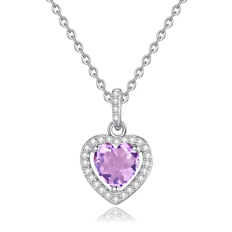 S925 sterling silver necklace with a heart-shaped pendant featuring a round natural gemstone on a cross chain.