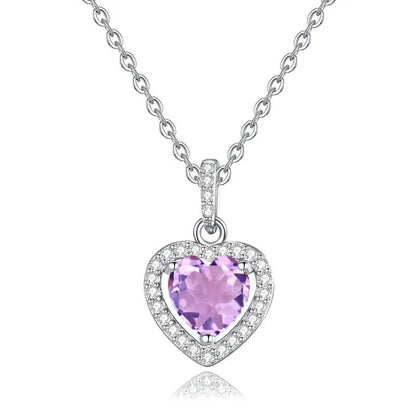 S925 sterling silver necklace with a heart-shaped pendant featuring a round natural gemstone on a cross chain.