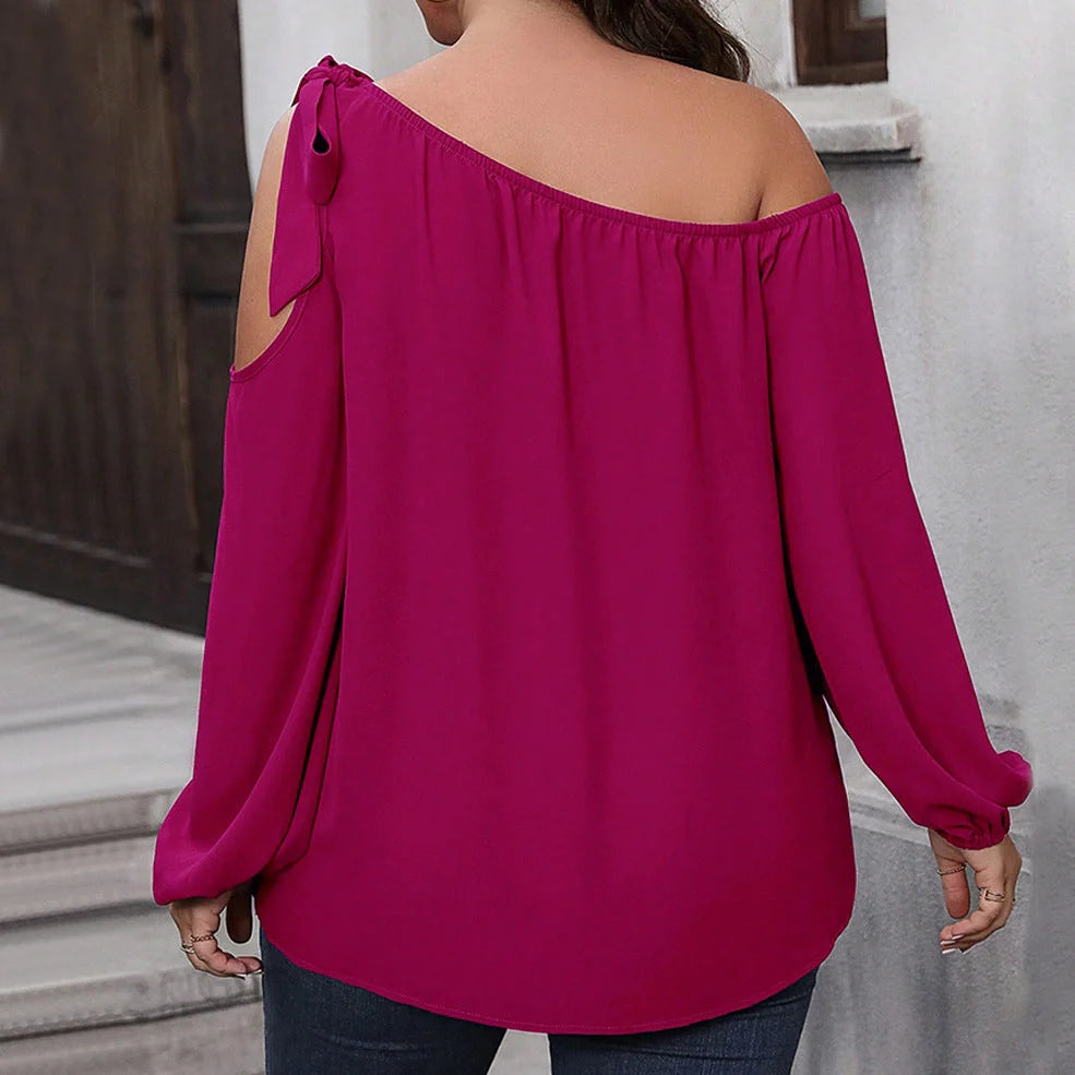 Rose red women's knit top with hollow-out collage design and long sleeves