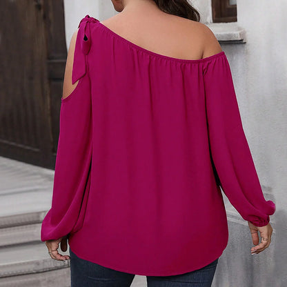 Rose red women's knit top with hollow-out collage design and long sleeves