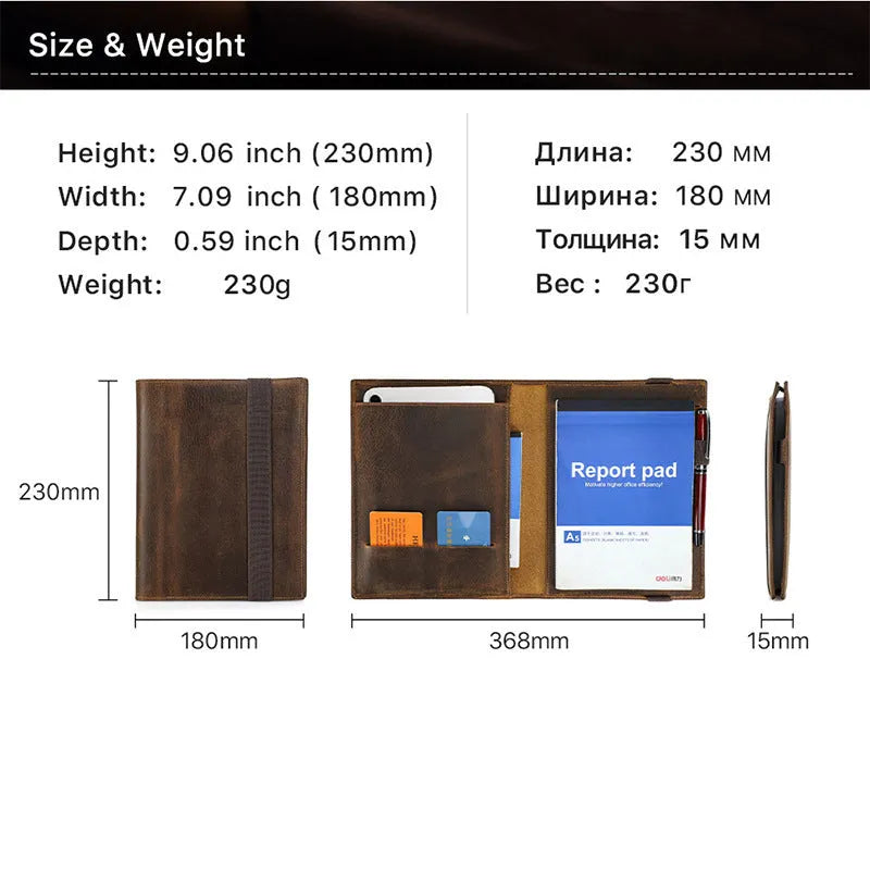 Brown Crazy Horse leather A5 notebook protective sleeve with square shape and socket style opening