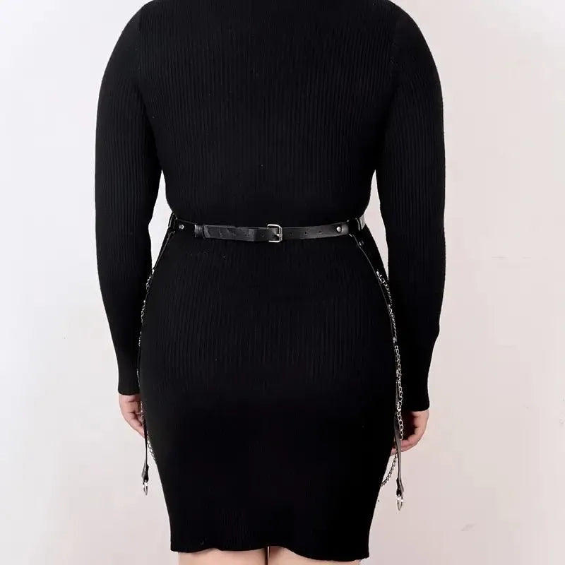 Black PU leather waist chain with adjustable buckle and metal chain detailing