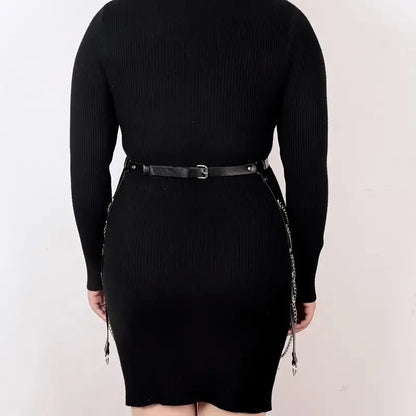 Black PU leather waist chain with adjustable buckle and metal chain detailing