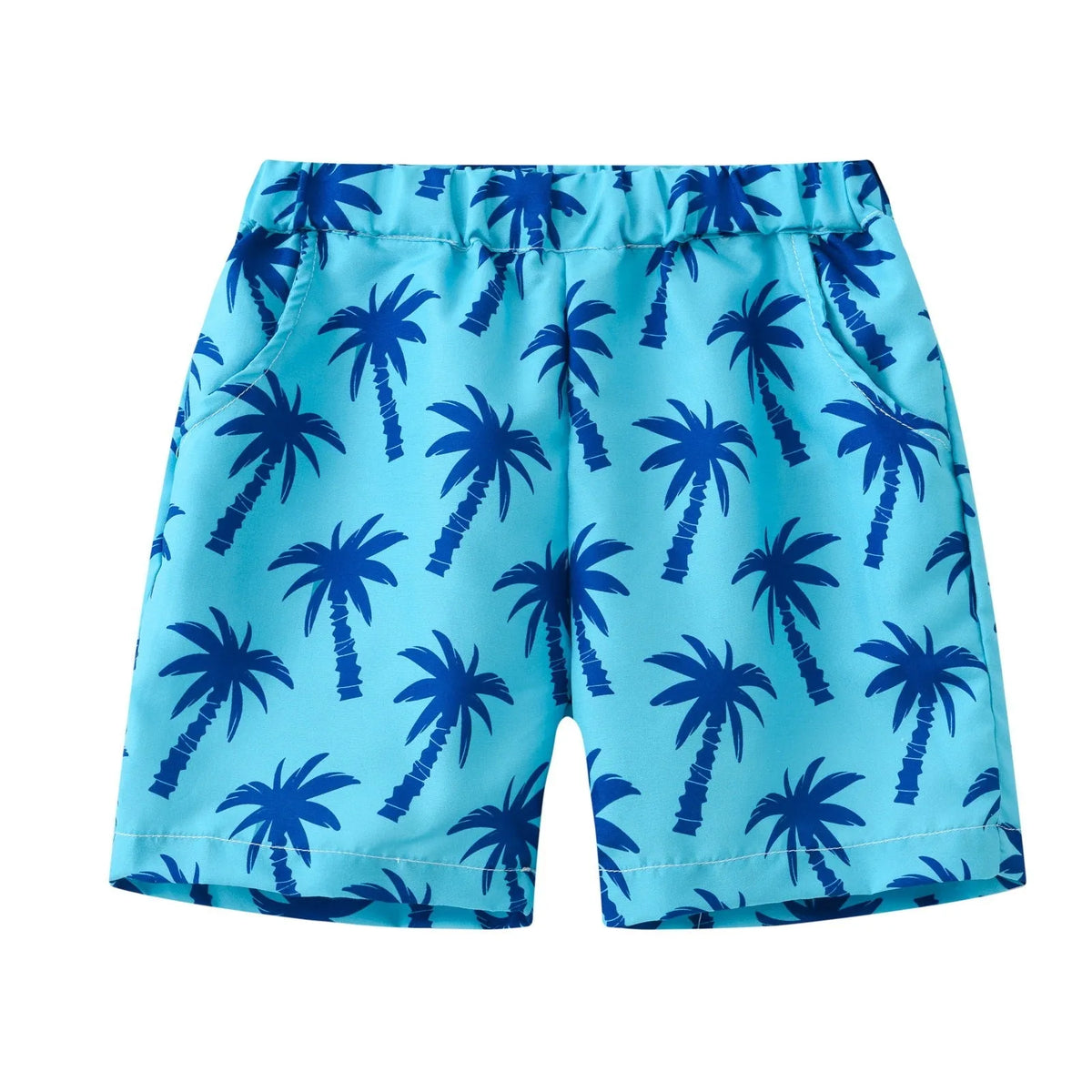 Multi-colour printed beach shorts with hairband belt on a mid-waist, shown in a casual summer style.
