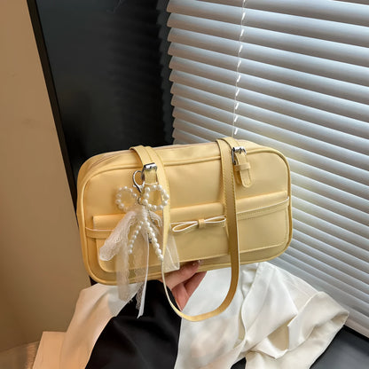 PU single shoulder bag with mobile phone compartment in horizontal square shape with optional pearl bow ornaments