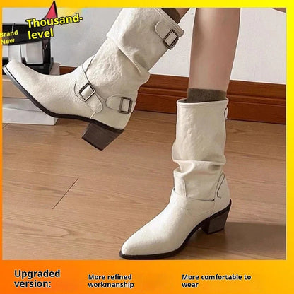 Women's chunky heel boots in white colour with 2.5cm flat heel and middle calf length