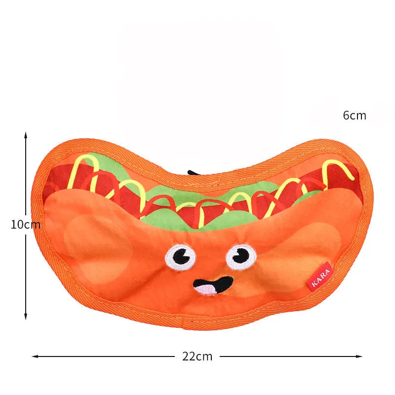 Hamburger-shaped crinkle and squeaky dog toy with vivid colours for puppies and dogs