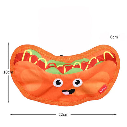 Hamburger-shaped crinkle and squeaky dog toy with vivid colours for puppies and dogs