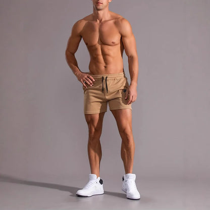 Men's khaki coconut print sports shorts with straight leg and elasticated waistband