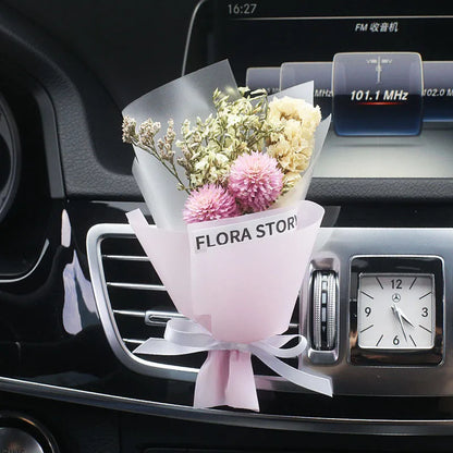 Dried flower car air freshener set with colourful bouquet and fragrance strips for air conditioning vents