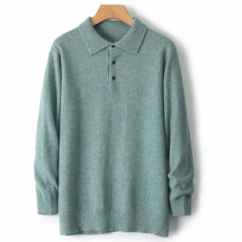 Men's woolen polo collar pullover sweater in seven colour options with long sleeves and textured stitching details